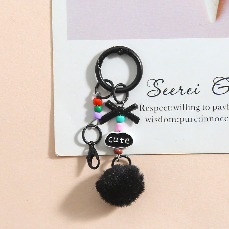 Pom-Pom Bead-Chain Bag Charm - Black