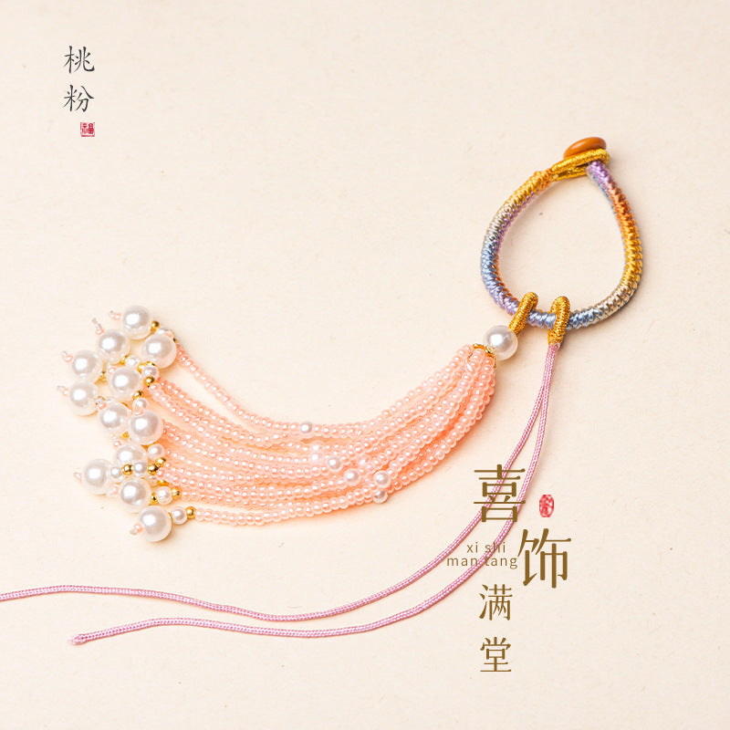 Knotted Bead-Tassel Bag Charm - Peach pink