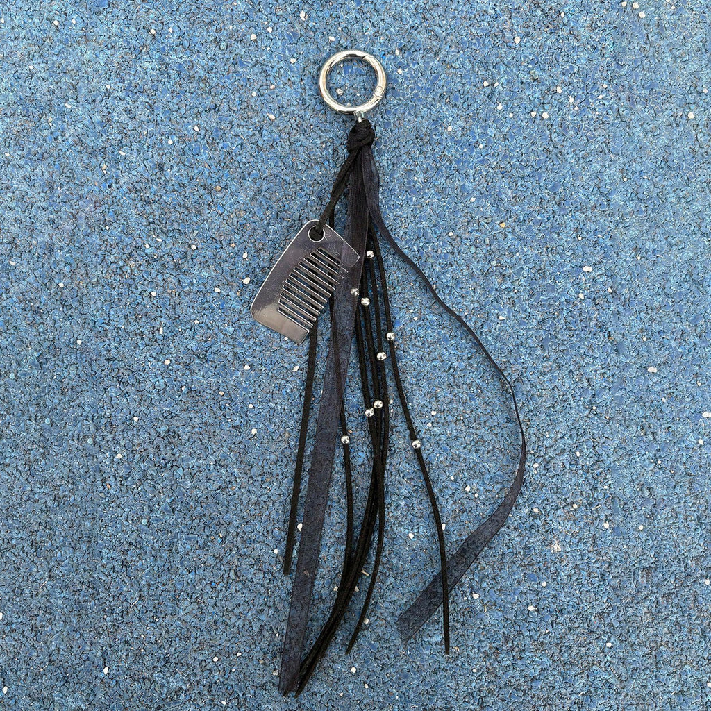 Long Fringe and Comb Bag Charm - Black