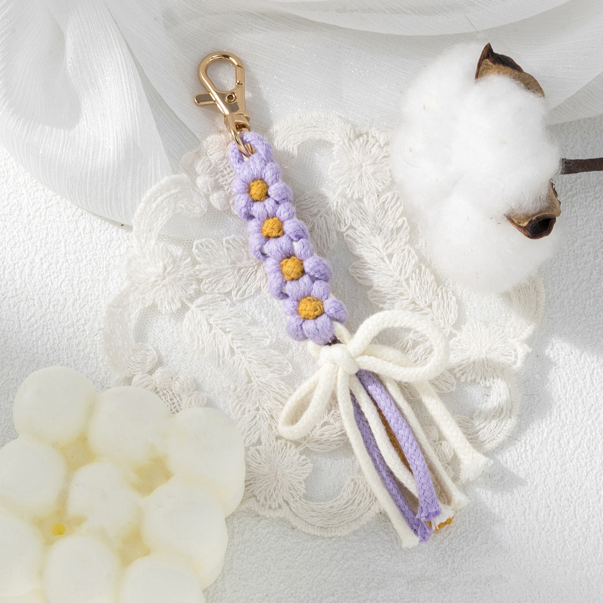 Cotton Knot and Flower Bag Charm - Purple