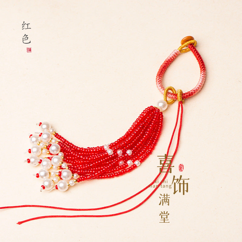 Knotted Bead-Tassel Bag Charm - Red