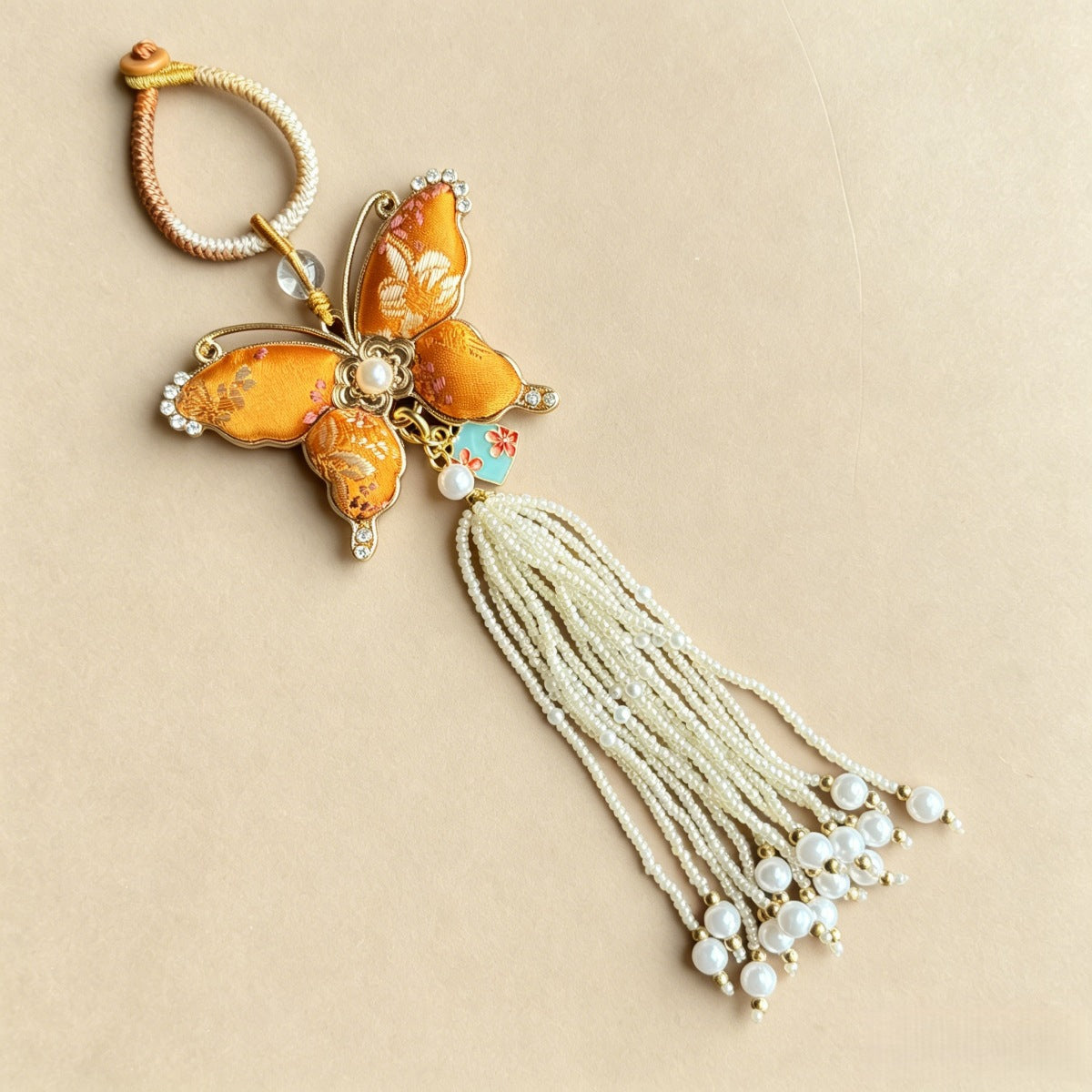 Brocade Butterfly Beaded Bag Charm - Orange