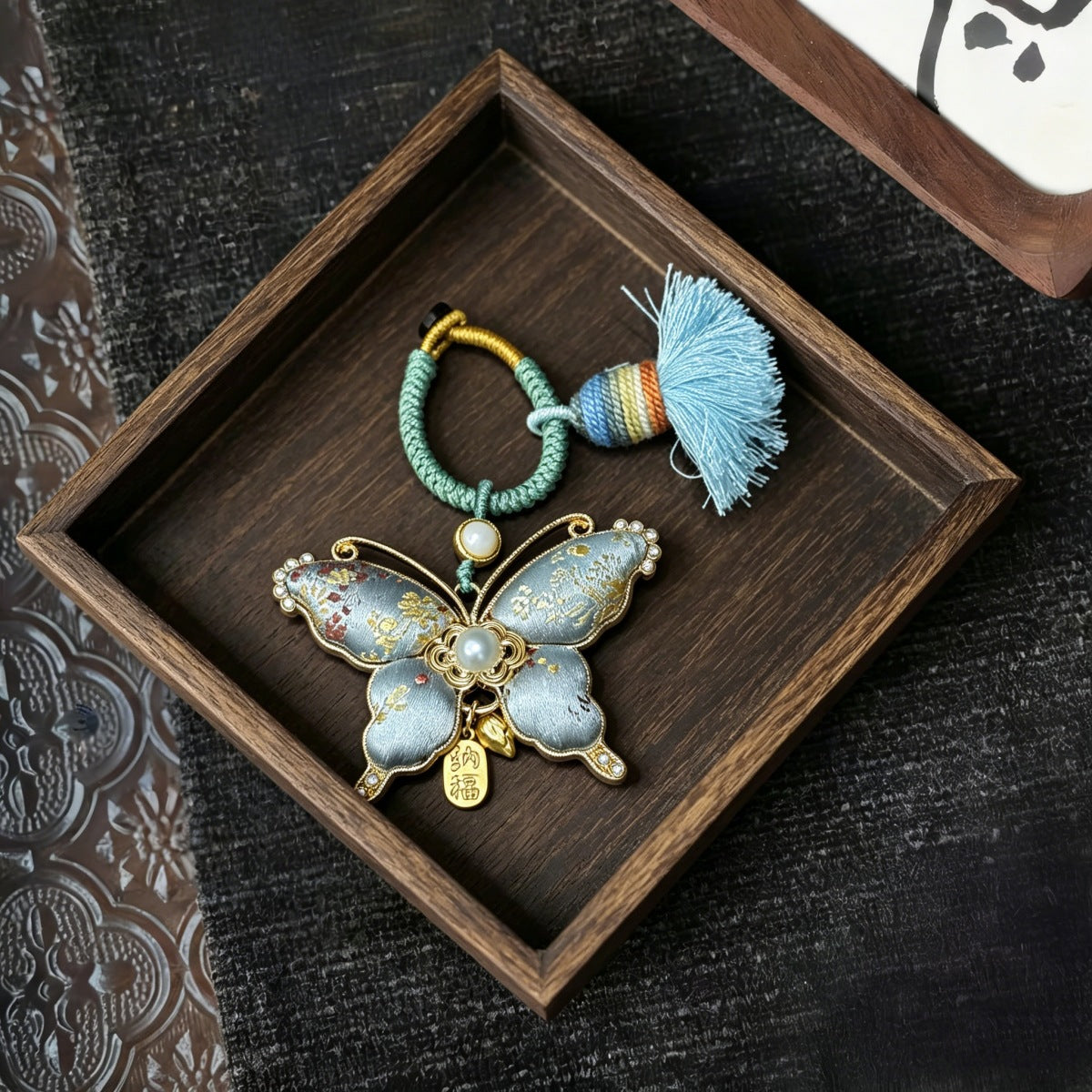 Brocade Butterfly Thread-Tassel Charm - Blue Grey