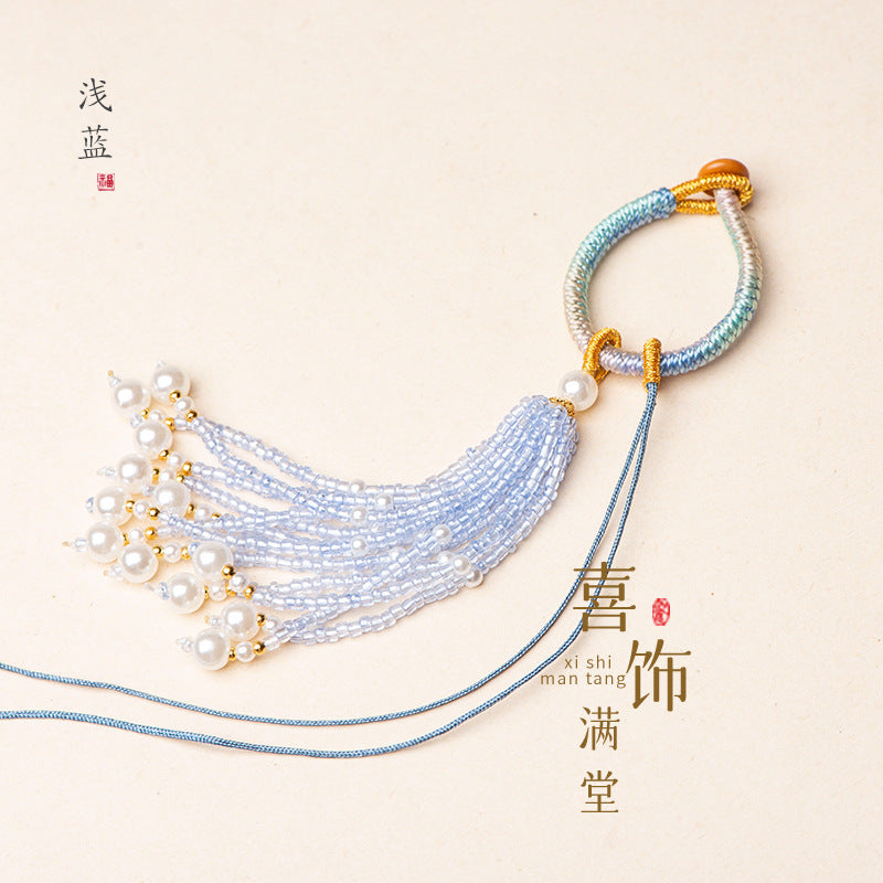 Knotted Bead-Tassel Bag Charm - Light blue