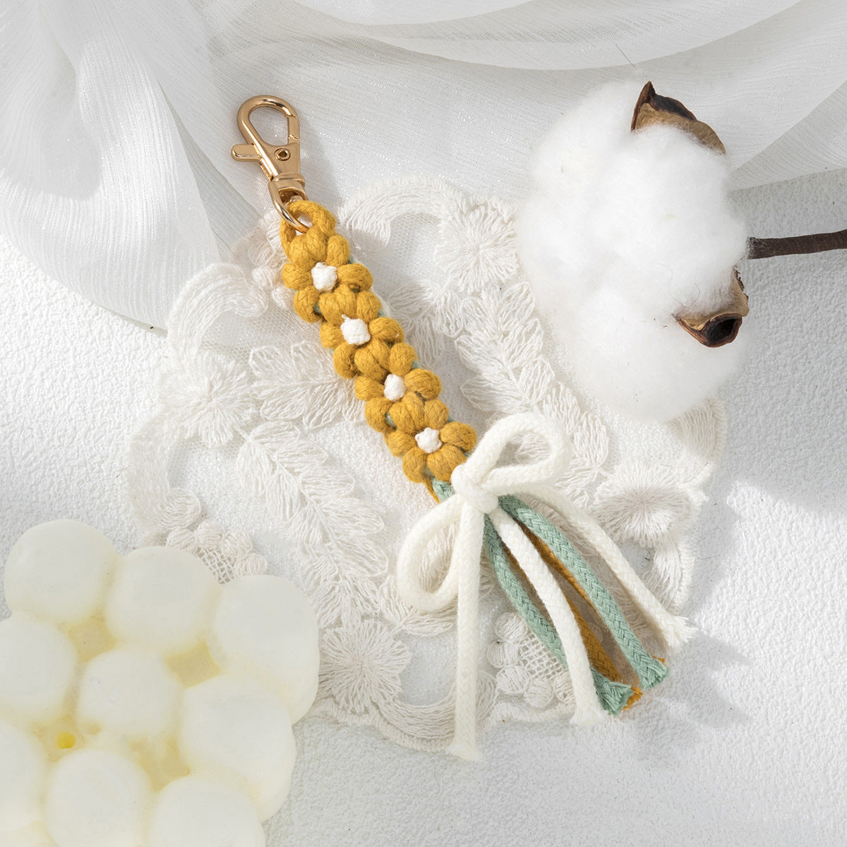 Cotton Knot and Flower Bag Charm - Wheat