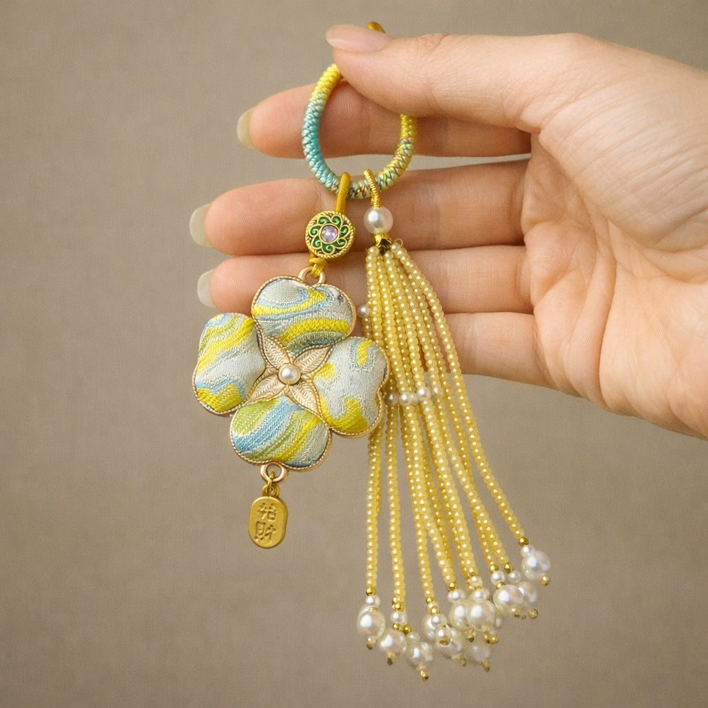 Brocade Clover Tassel Bag Charm - Bright Yellow