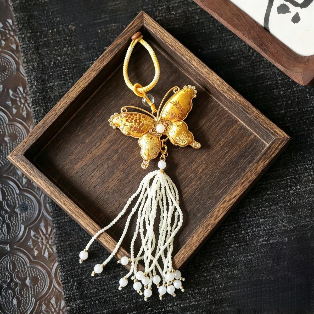 Brocade Butterfly Beaded Bag Charm - Bright Yellow
