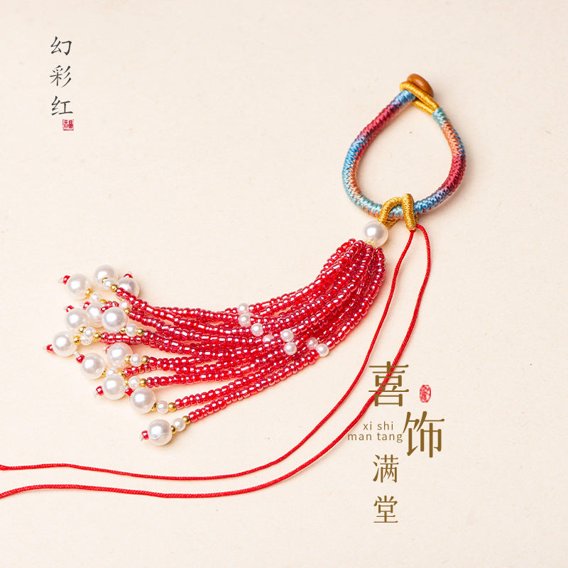 Knotted Bead-Tassel Bag Charm - Iridescent red