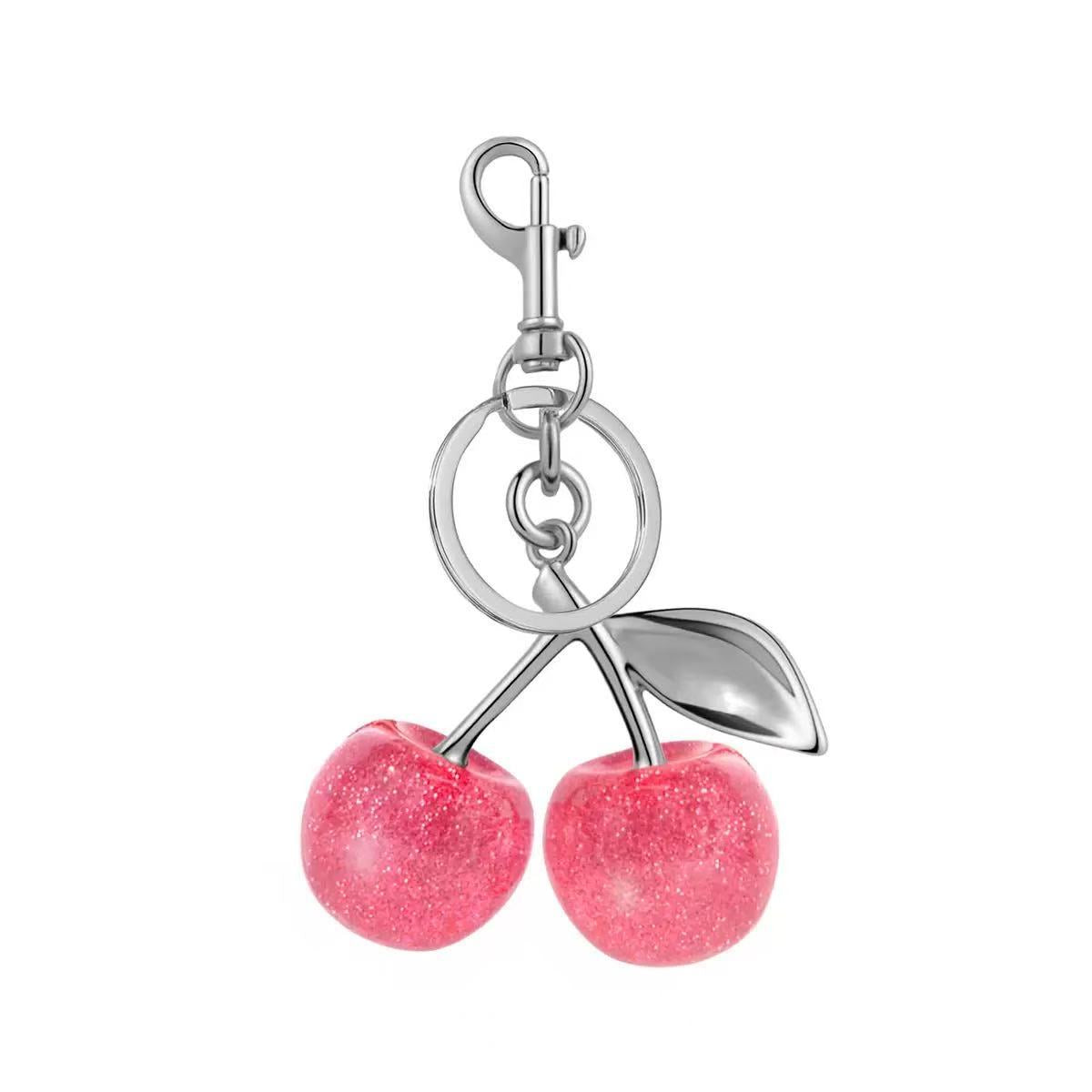Glossy Cherry Bag Charm - Pink / Silver-Tone Ring