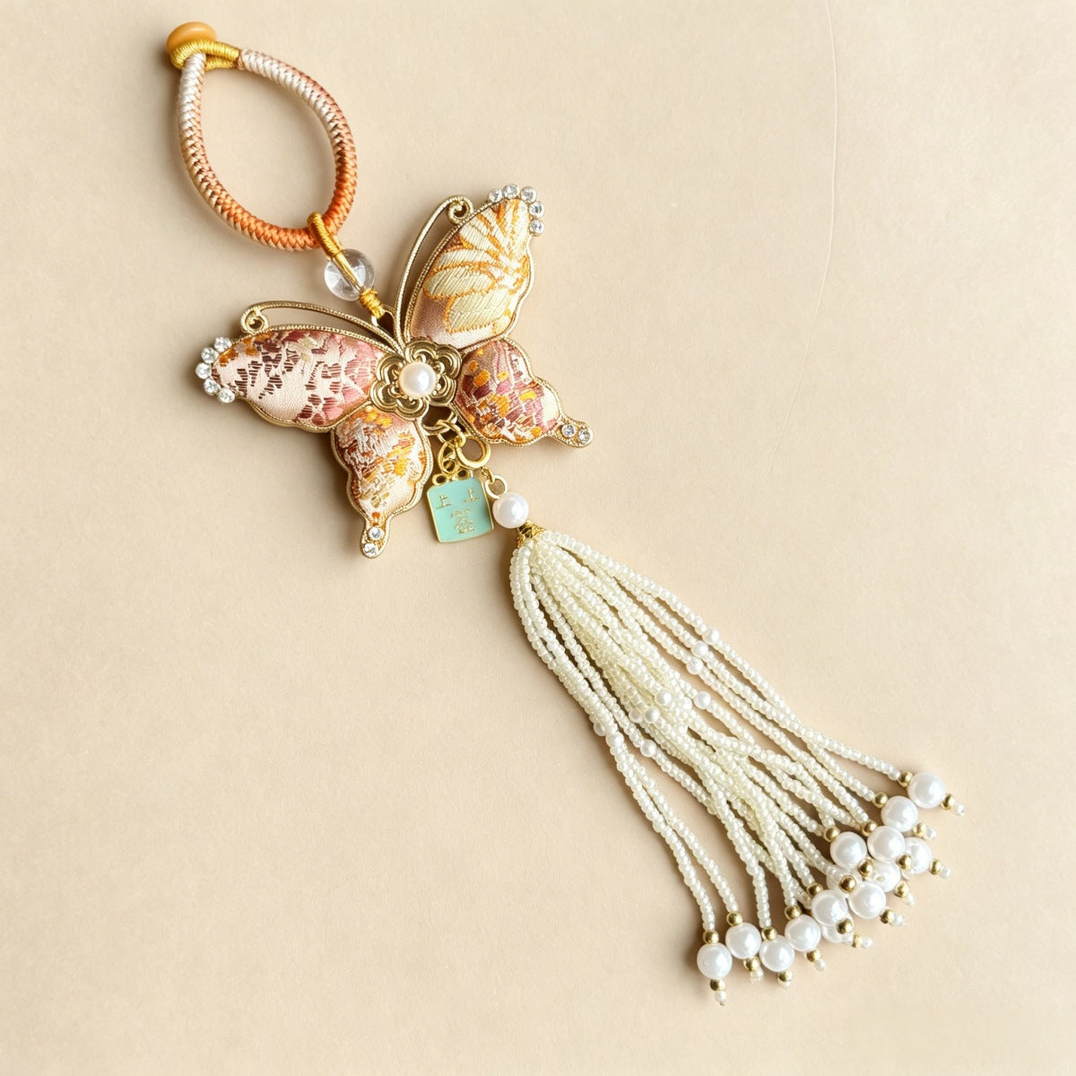 Brocade Butterfly Beaded Bag Charm - Antique Gold
