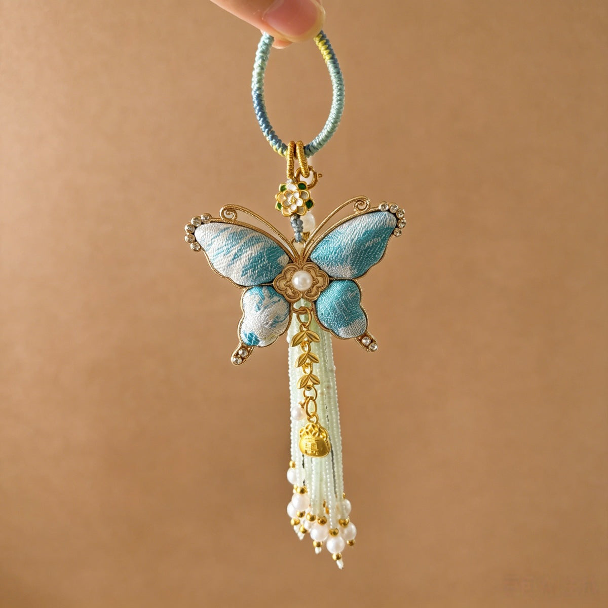 Butterfly Pearl-Tassel Bag Charm - Blue