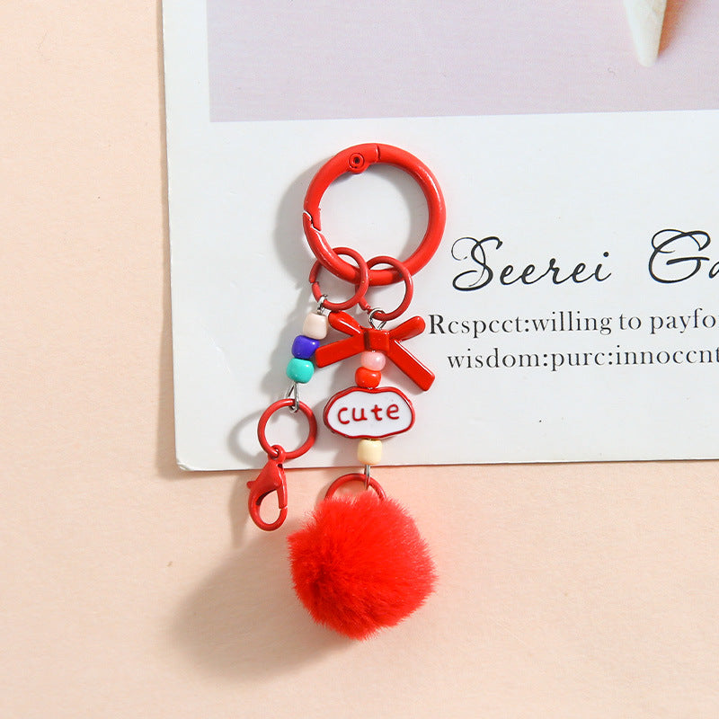 Pom-Pom Bead-Chain Bag Charm - Red