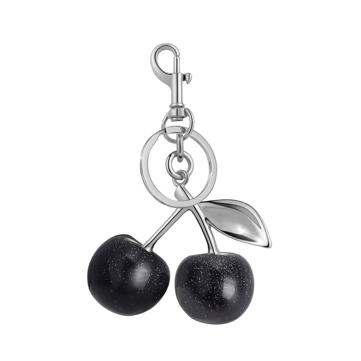 Glossy Cherry Bag Charm - Black / Silver-Tone Ring