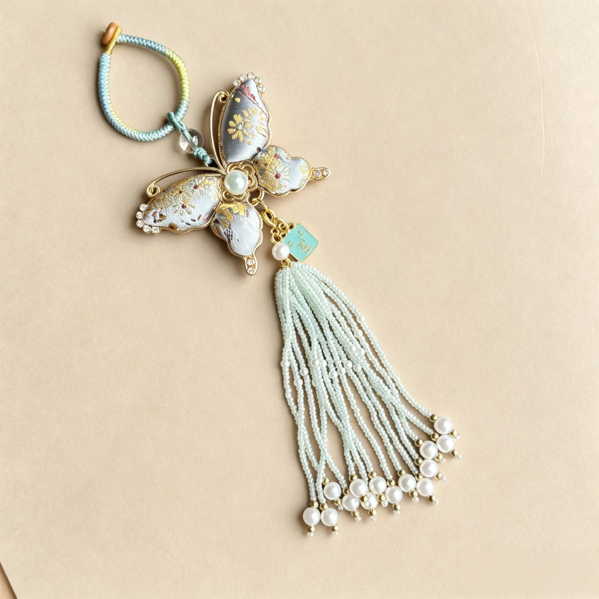 Brocade Butterfly Beaded Bag Charm - Grey Blue