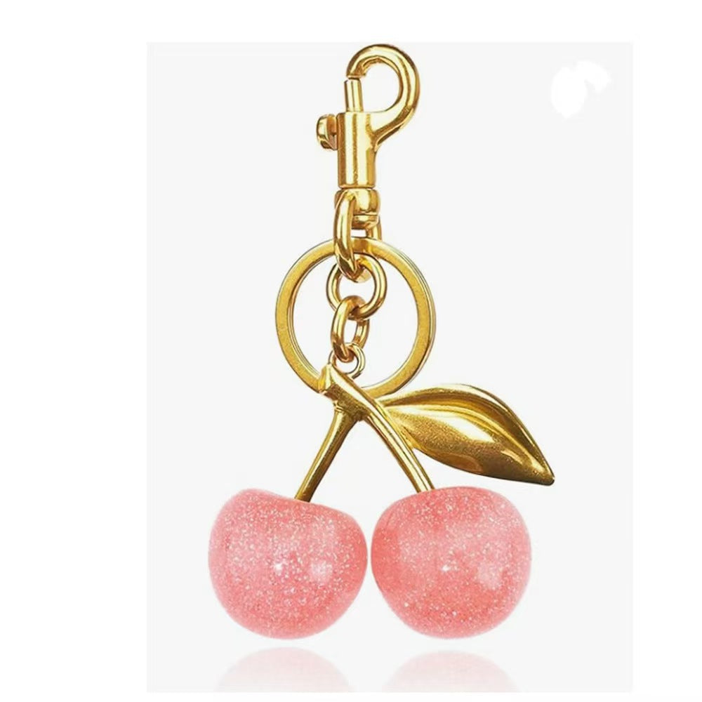Glossy Cherry Bag Charm - Pink / Gold-Tone Ring