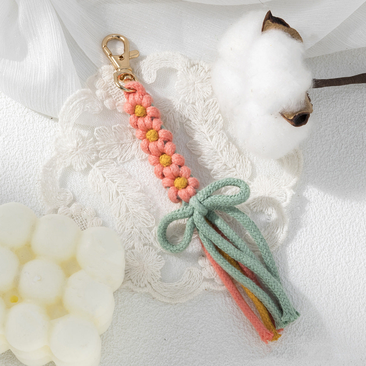 Cotton Knot and Flower Bag Charm - Watermelon red