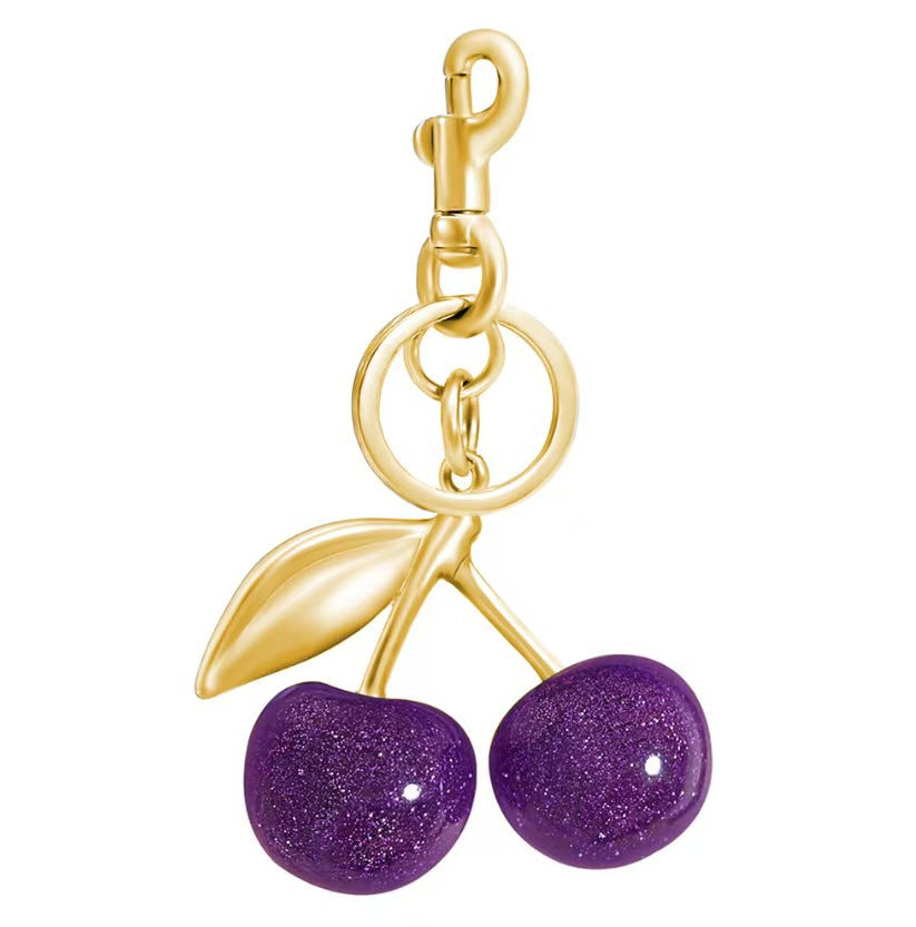 Glossy Cherry Bag Charm - Purple / Gold-Tone Ring