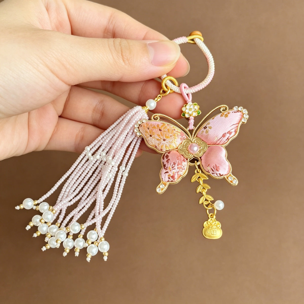 Butterfly Pearl-Tassel Bag Charm - Pink