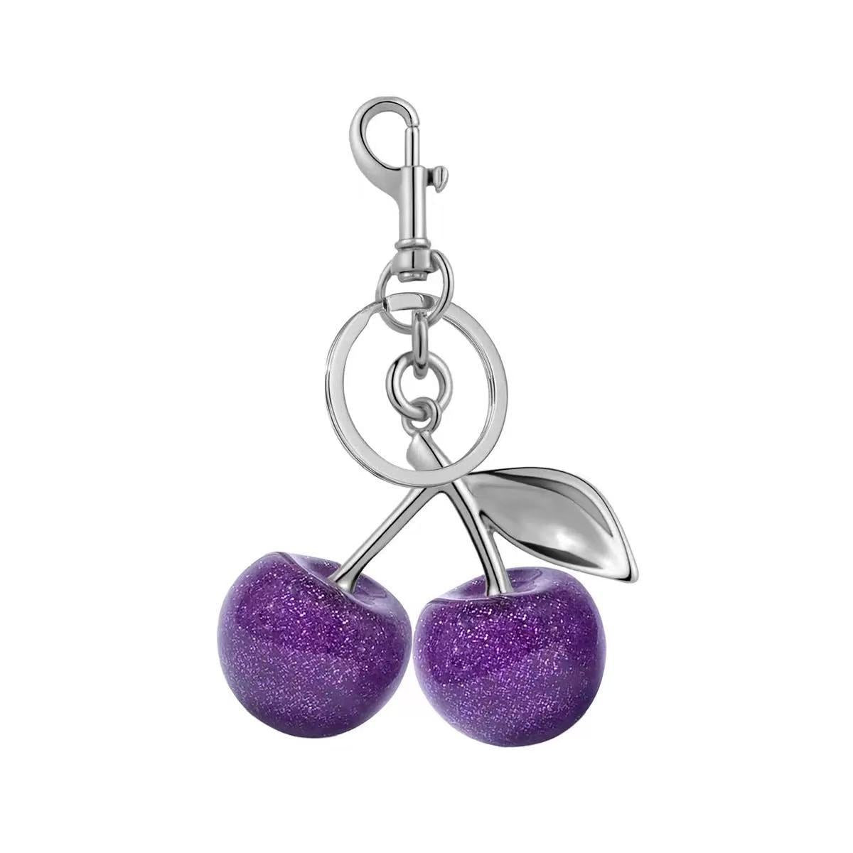 Glossy Cherry Bag Charm - Purple / Silver-Tone Ring
