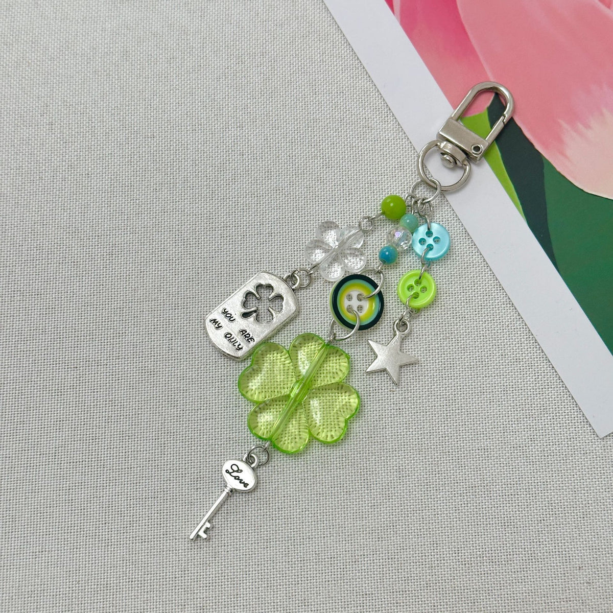 Clover Bead-Chain Bag Charm - Clip Attachment