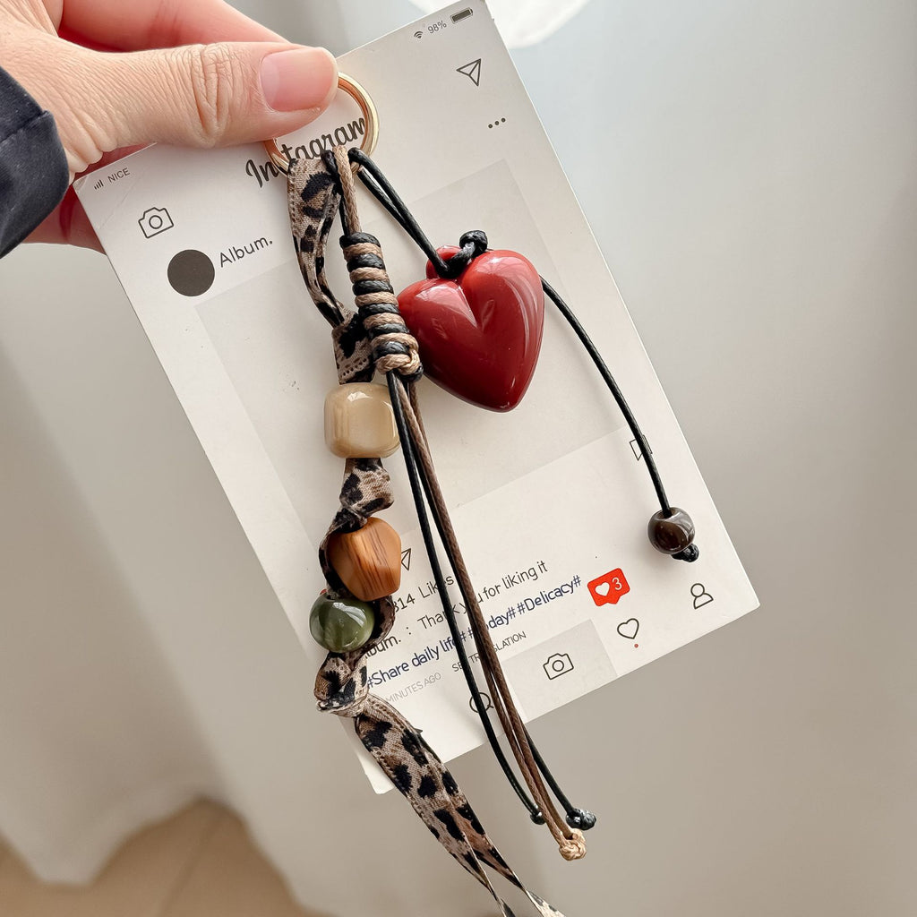 Autumn Heart and Cord Bag Charm - Warm Brown and Red