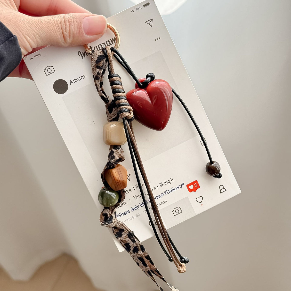 Autumn Heart and Cord Bag Charm - Warm Brown and Red