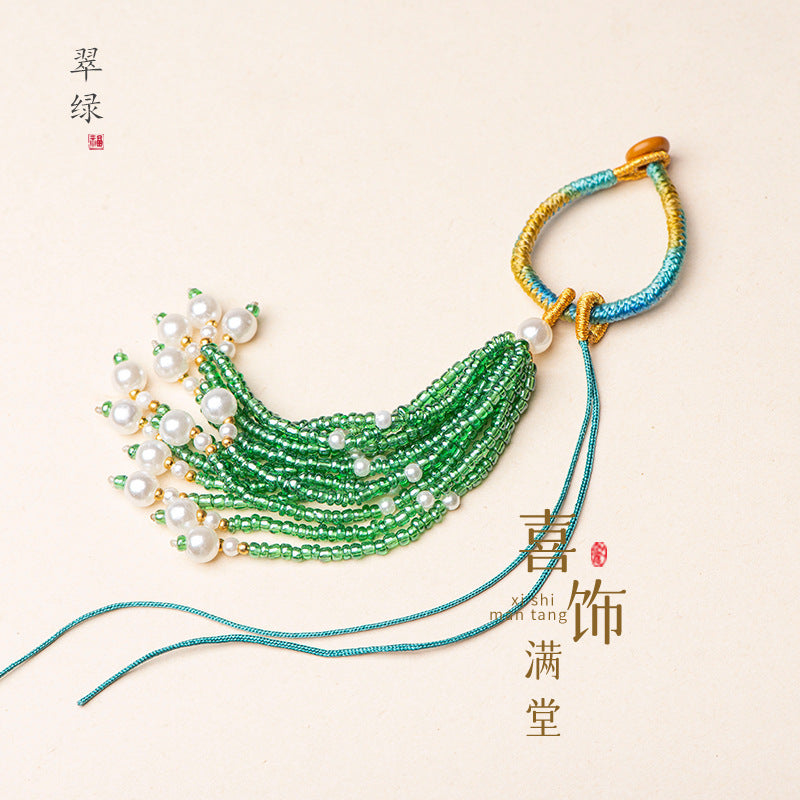 Knotted Bead-Tassel Bag Charm - Emerald green