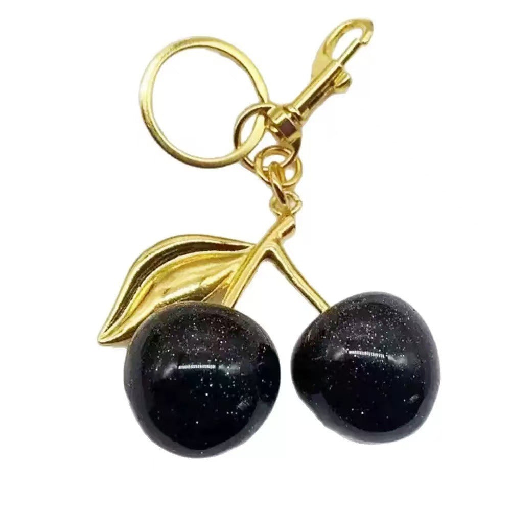 Glossy Cherry Bag Charm - Black / Gold-Tone Ring