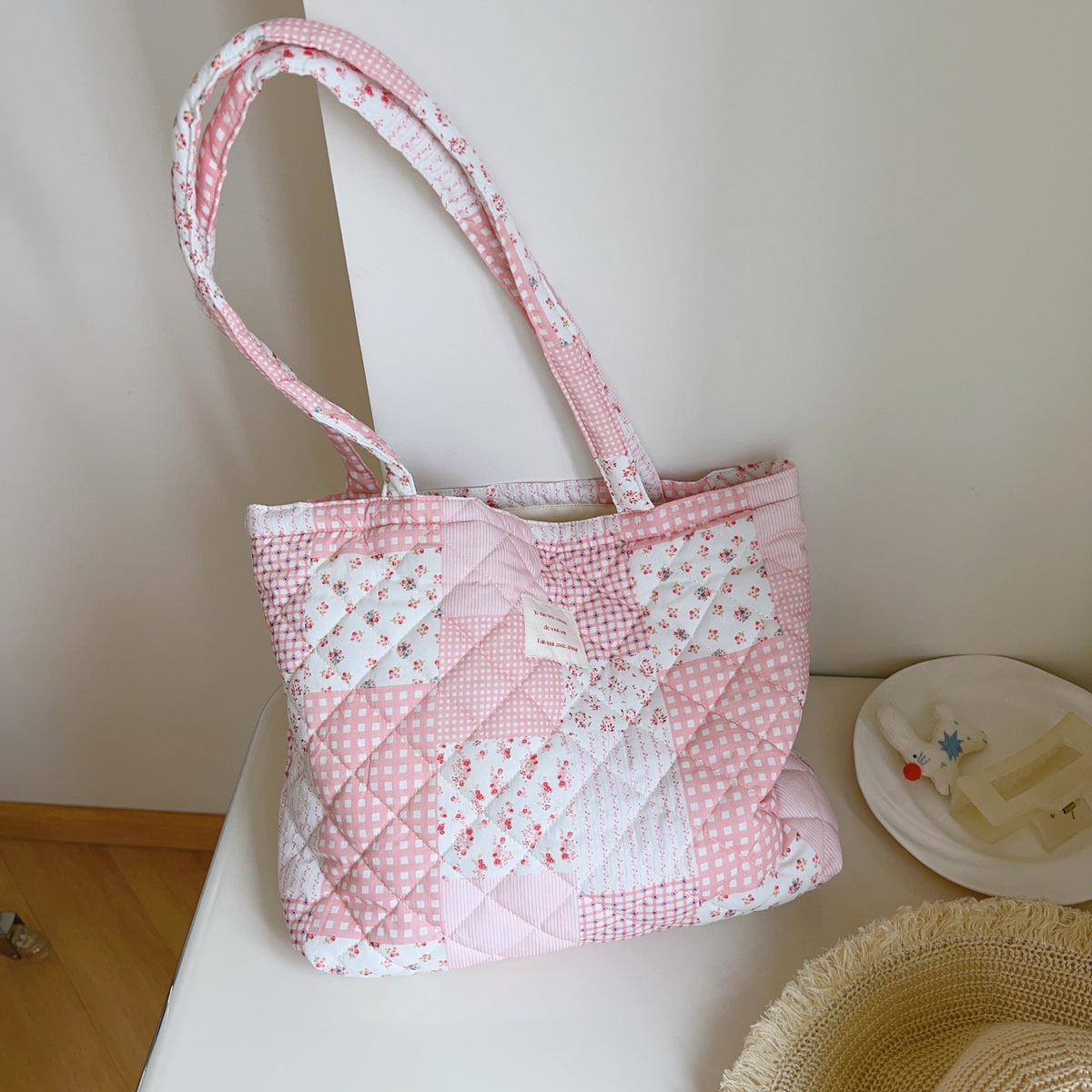 Rose Patch Quilt Tote - Pink Gingham Floral Patchwork