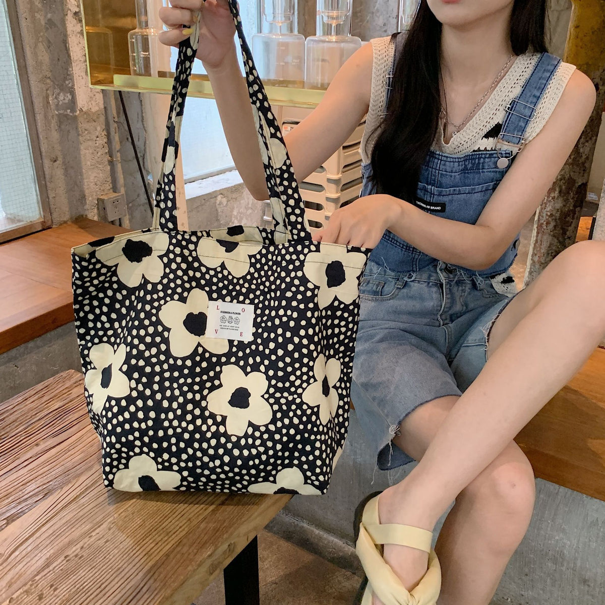 Poppy Garden Tote - Large Black Flowers