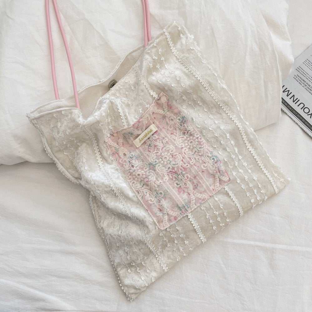 Lace Garden Panel Tote - Pink Lace and Ivory