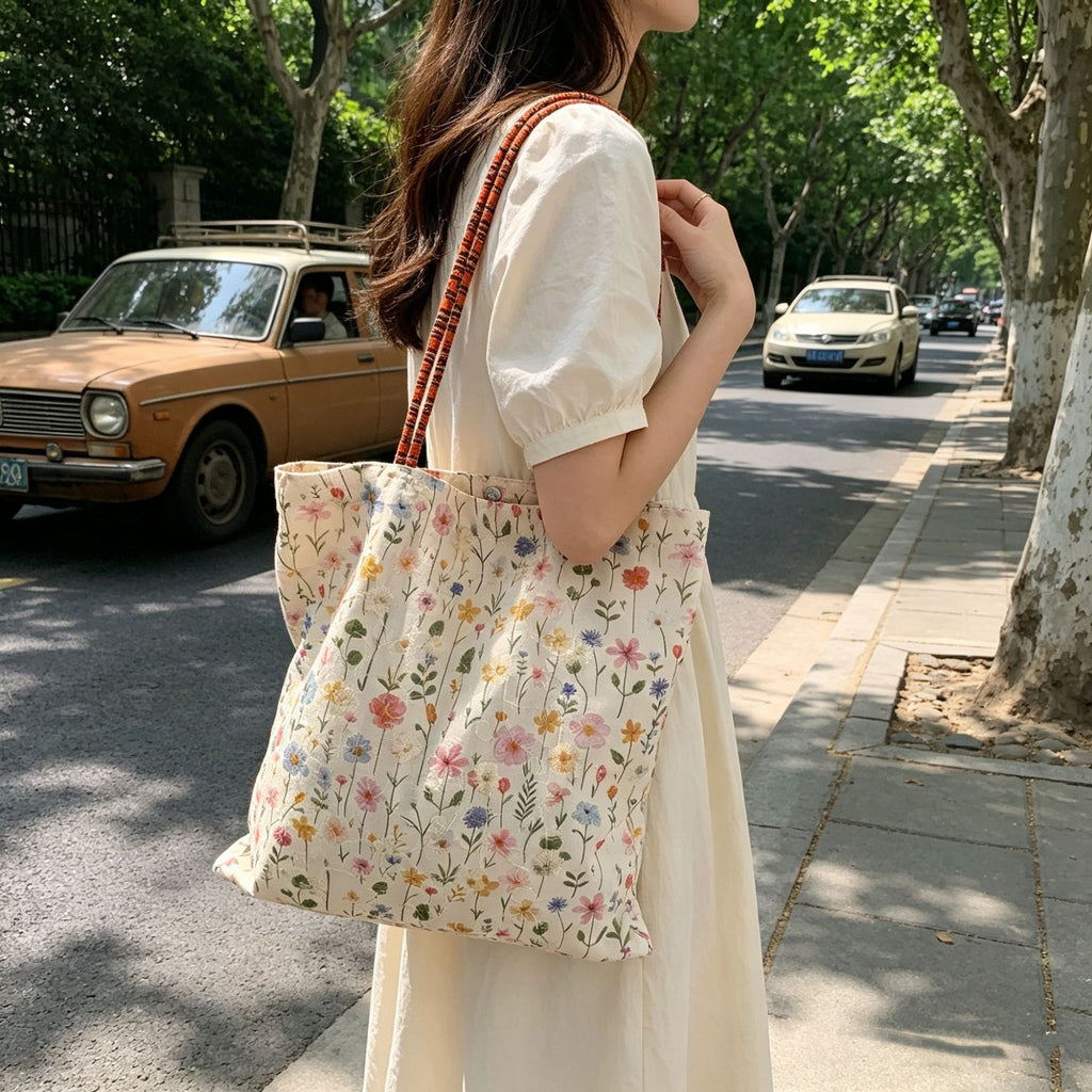Little Meadow Embroidered Tote - Beige