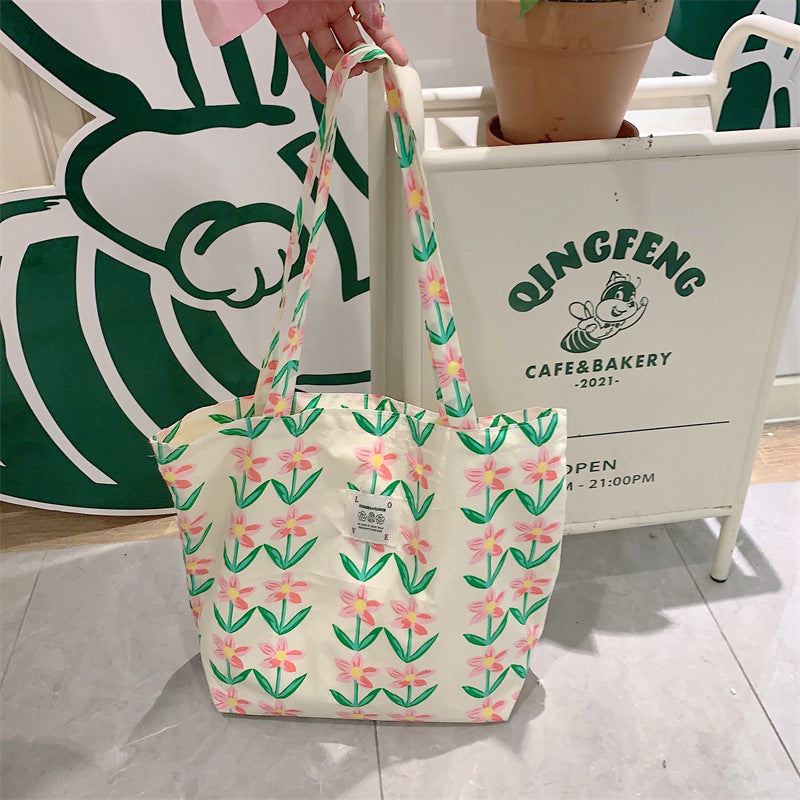 Poppy Garden Tote - Pink Flowers and Green Leaves