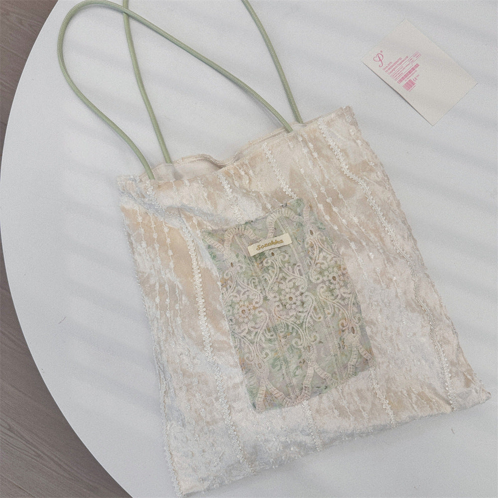 Lace Garden Panel Tote - Green Lace and Ivory
