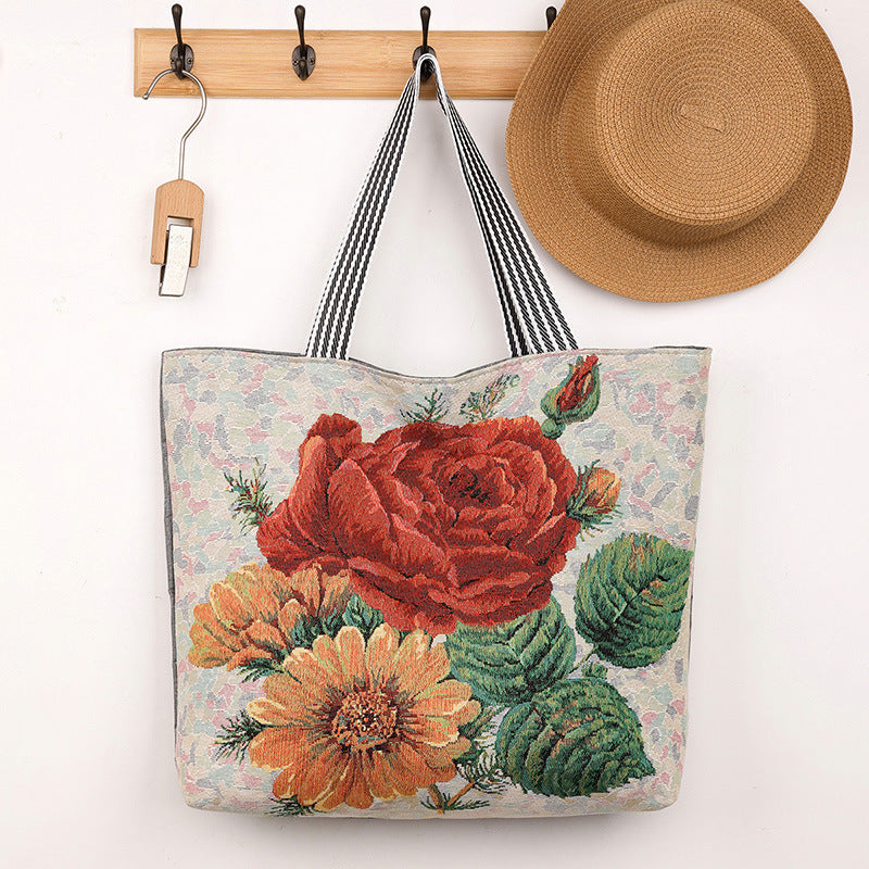 Botanical Tapestry Tote - Red Flowers