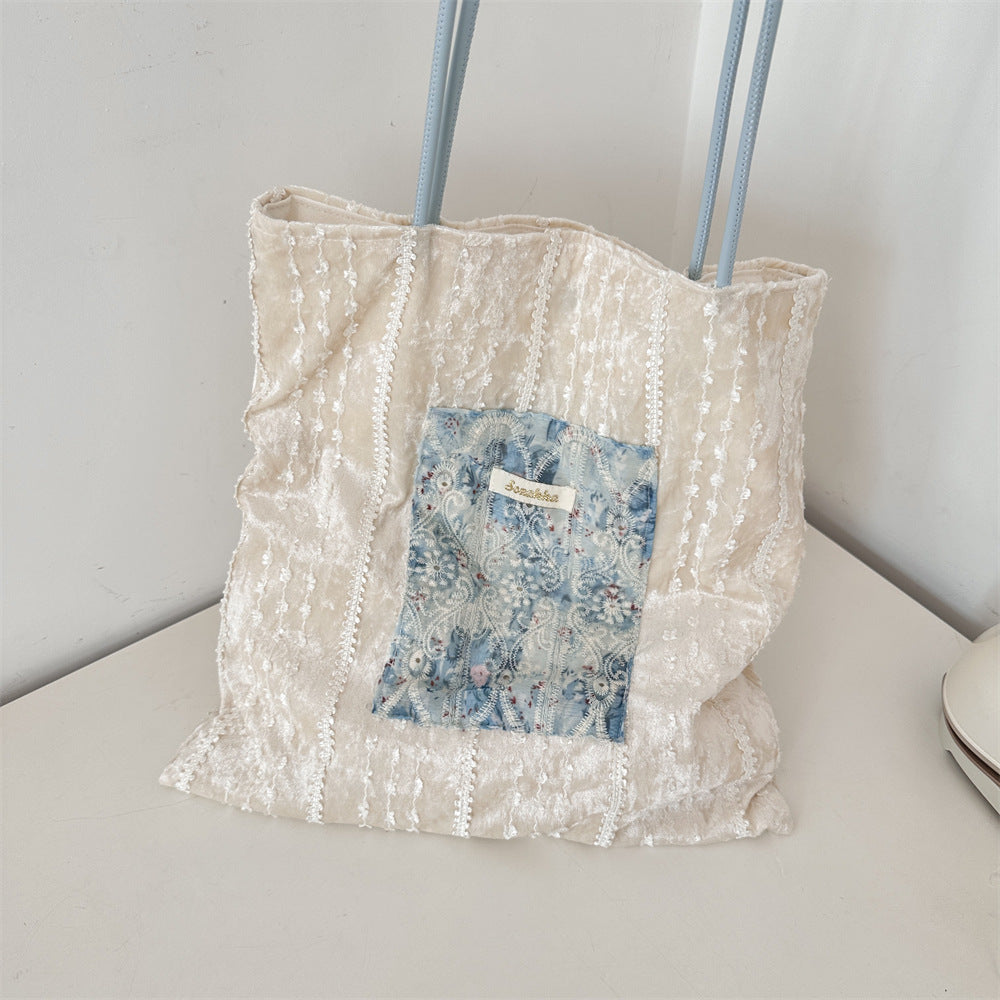 Lace Garden Panel Tote - Blue Lace and Ivory
