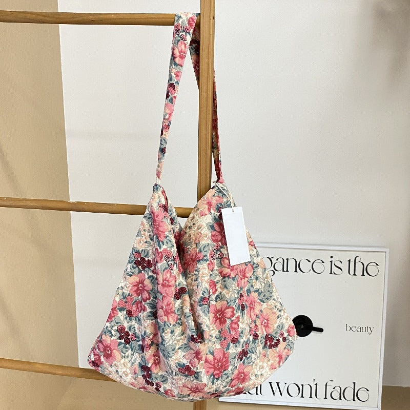 Vintage Floral Cord Tote - Retro Pink Flowers