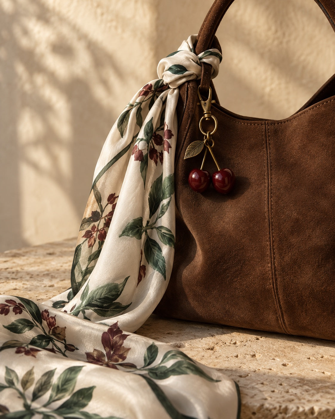 A bag styled with a scarf and small accessories